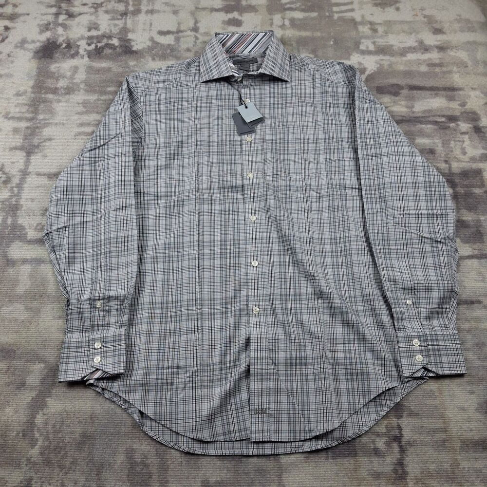 Johnston & Murphy Mens Tailored Fit Dress Shirt Large L Grey Plaid Stripe NWT